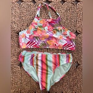 Wonder Nation Girls Floral and Striped Bikini- Size Large 10/12